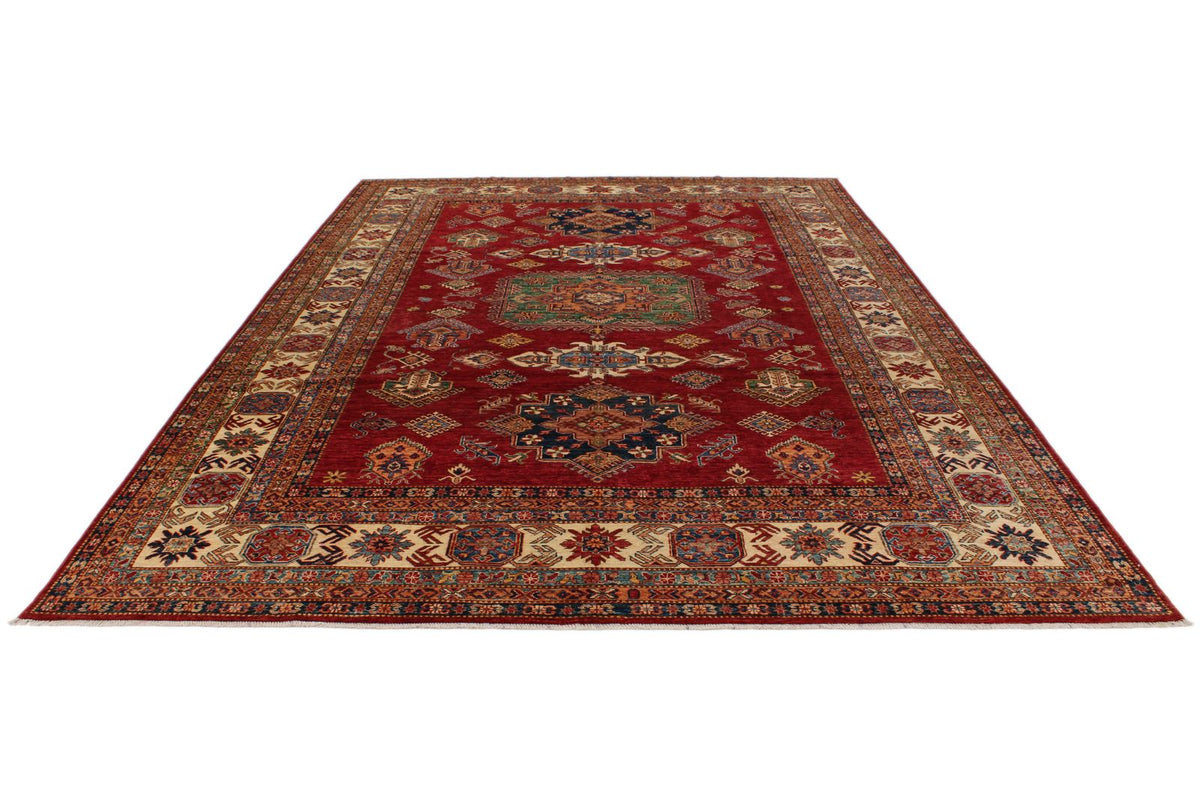 9x12 Red and Ivory Kazak Tribal Rug