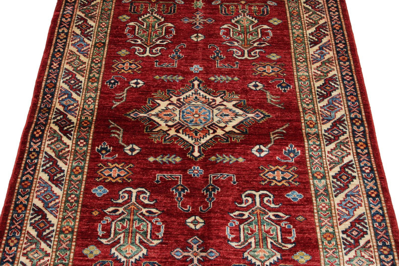 4x5 Red and Ivory Kazak Tribal Rug