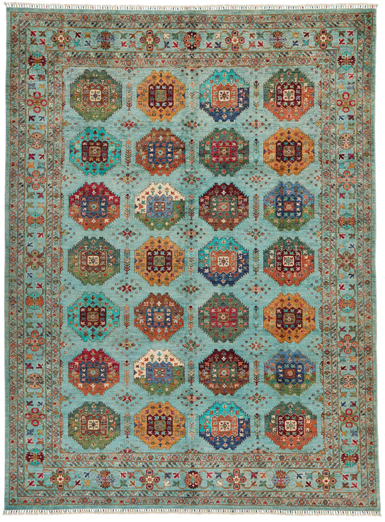 9x12 Turquoise and Multicolor Turkish Tribal Rug