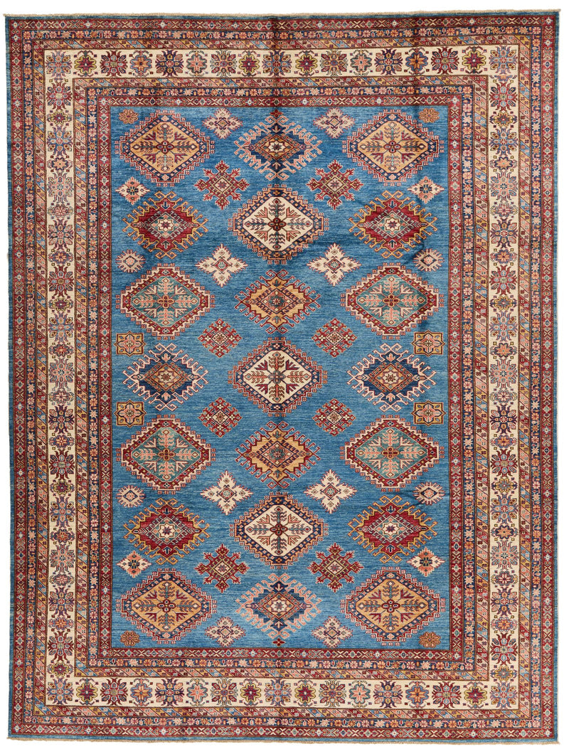 9x12 Light Blue and Ivory Kazak Tribal Rug