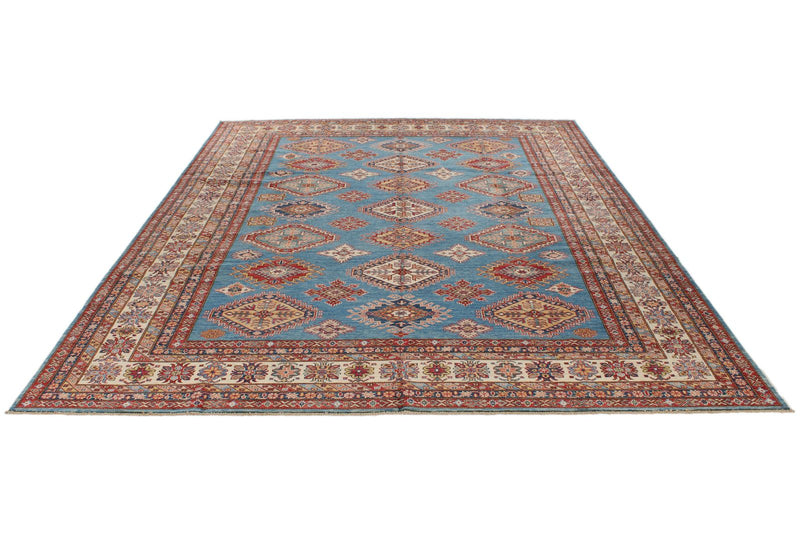 9x12 Light Blue and Ivory Kazak Tribal Rug