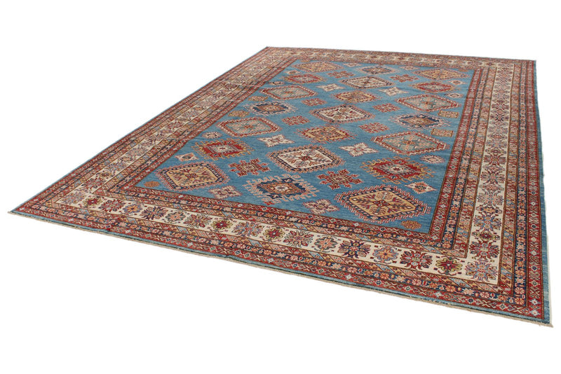 9x12 Light Blue and Ivory Kazak Tribal Rug