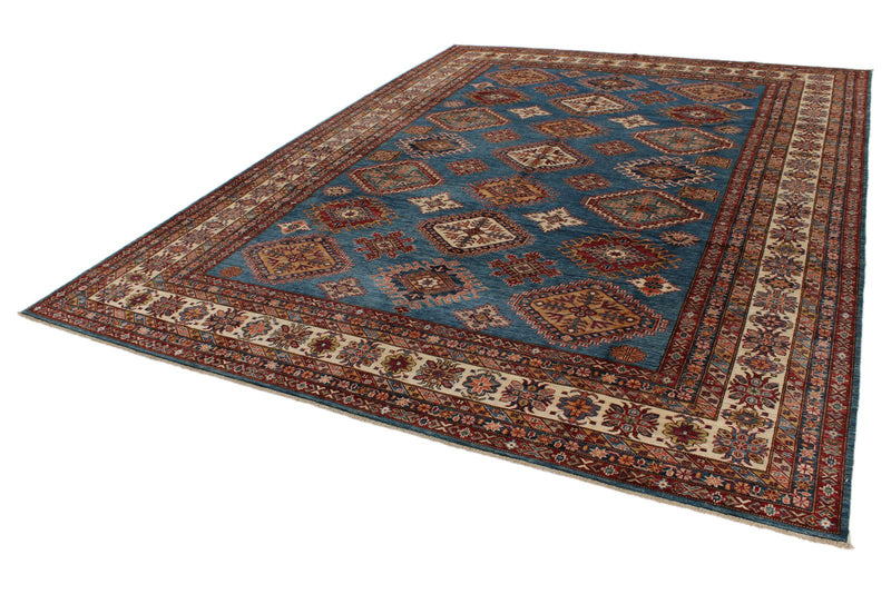 9x12 Light Blue and Ivory Kazak Tribal Rug