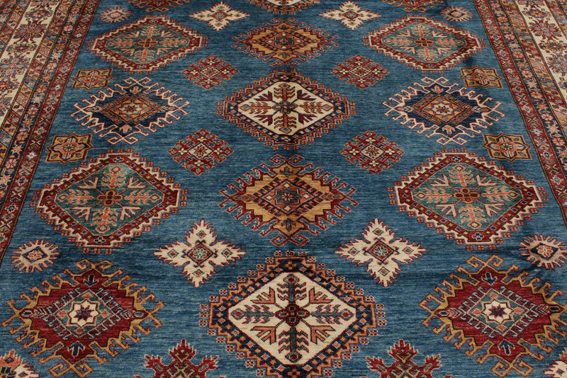 9x12 Light Blue and Ivory Kazak Tribal Rug