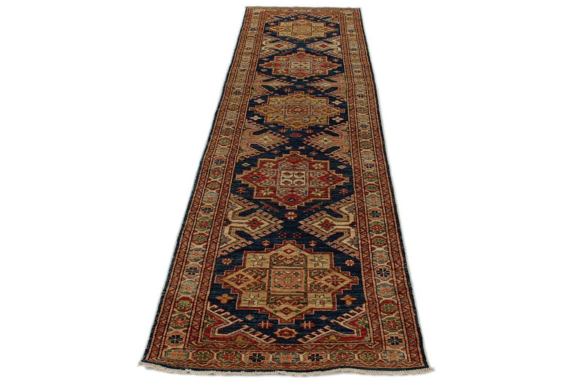 3x10 Navy and Ivory Kazak Tribal Runner