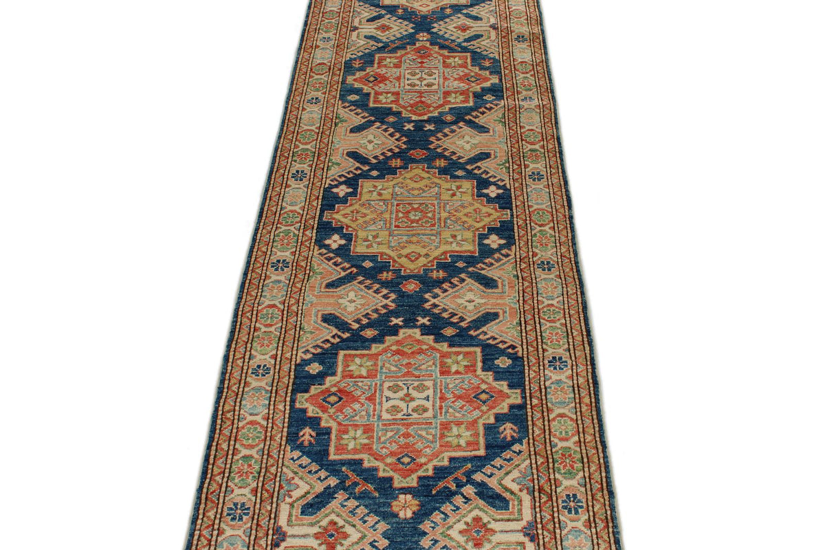 3x10 Navy and Ivory Kazak Tribal Runner