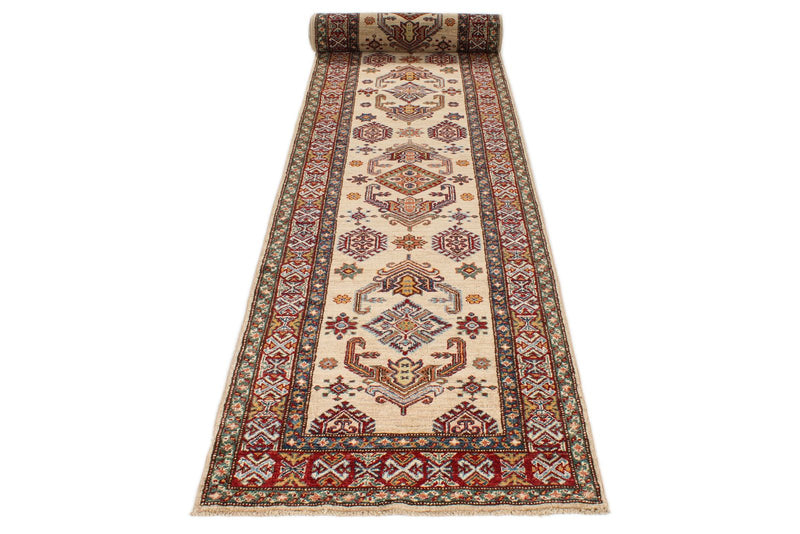 3x23 Ivory and Red Kazak Tribal Runner