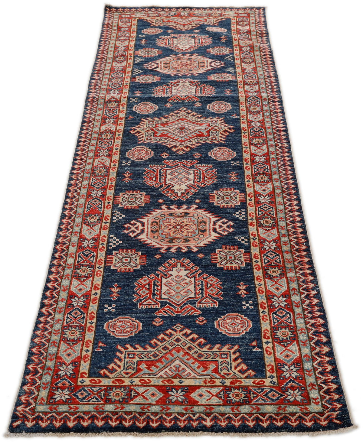 3x8 Navy and Red Kazak Tribal Runner
