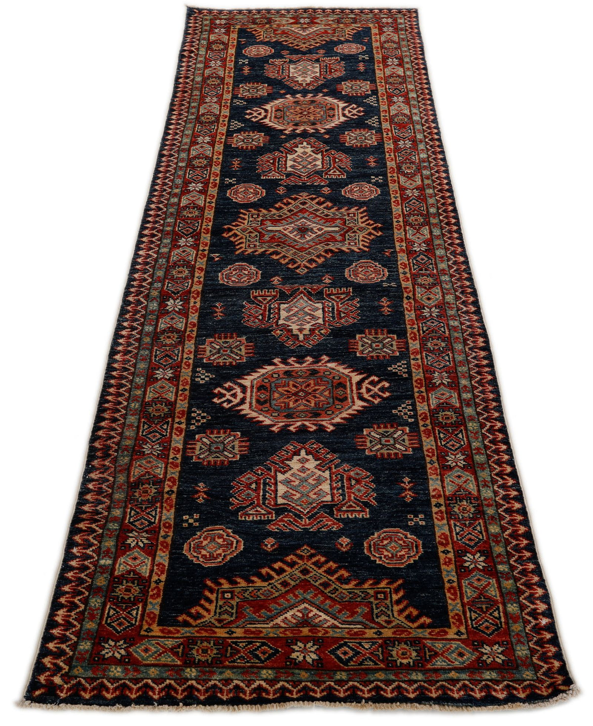 3x8 Navy and Red Kazak Tribal Runner