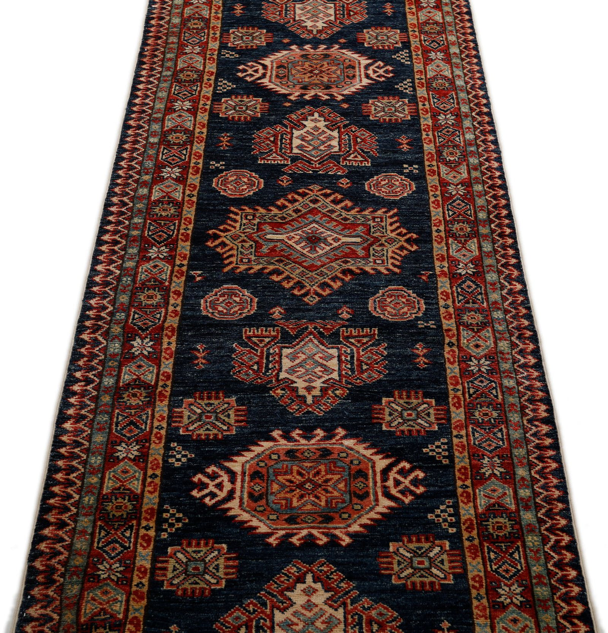 3x8 Navy and Red Kazak Tribal Runner