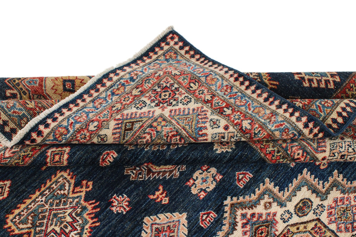 6x9 Navy and Ivory Kazak Tribal Rug