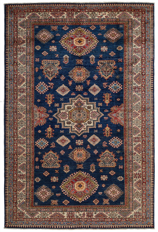 6x9 Navy and Ivory Kazak Tribal Rug