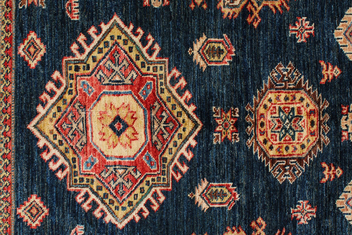 6x9 Navy and Ivory Kazak Tribal Rug