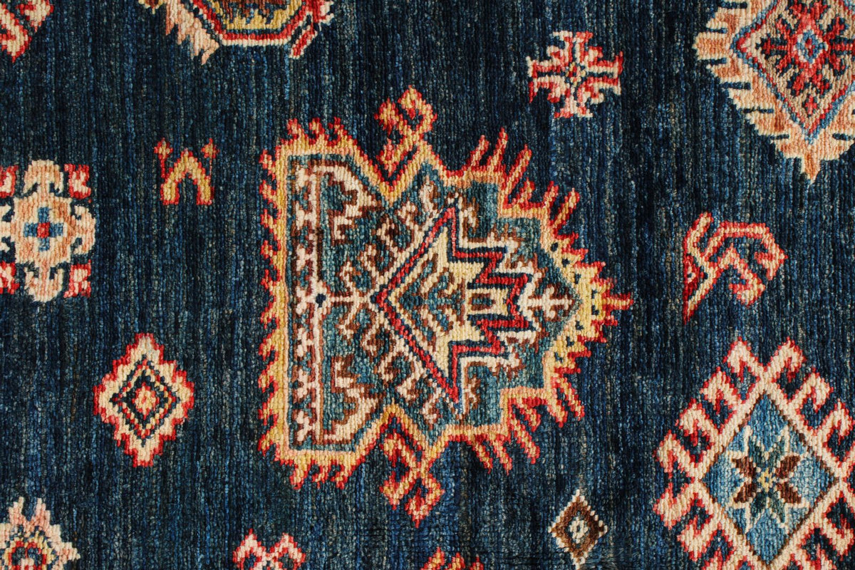 6x9 Navy and Ivory Kazak Tribal Rug
