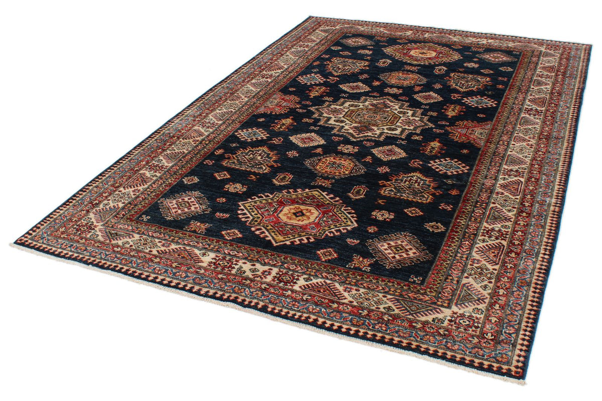 6x9 Navy and Ivory Kazak Tribal Rug