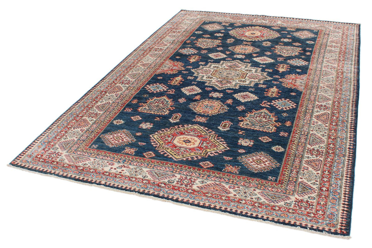 6x9 Navy and Ivory Kazak Tribal Rug