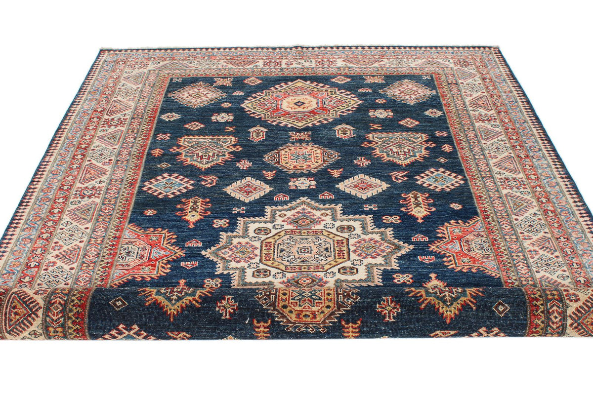 6x9 Navy and Ivory Kazak Tribal Rug