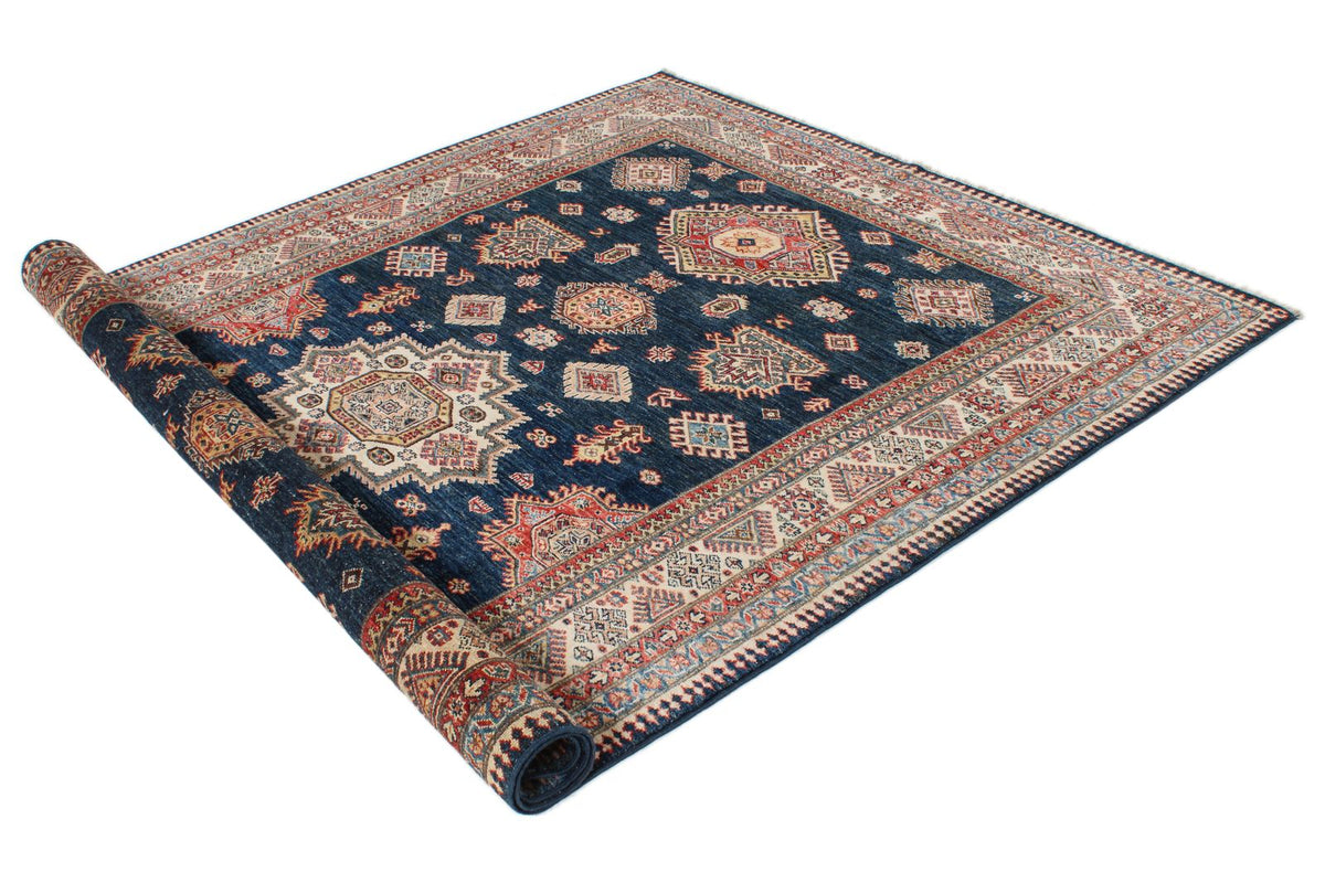 6x9 Navy and Ivory Kazak Tribal Rug