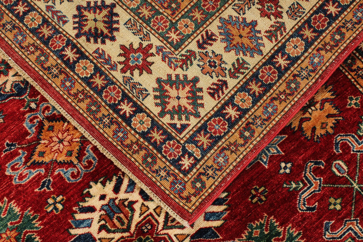 7x7 Red and Ivory Kazak Tribal Rug
