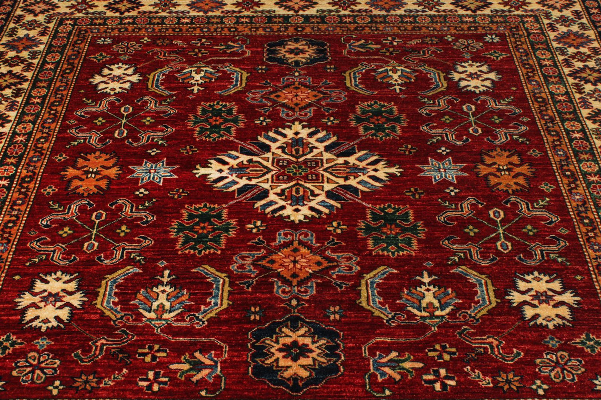 7x7 Red and Ivory Kazak Tribal Rug