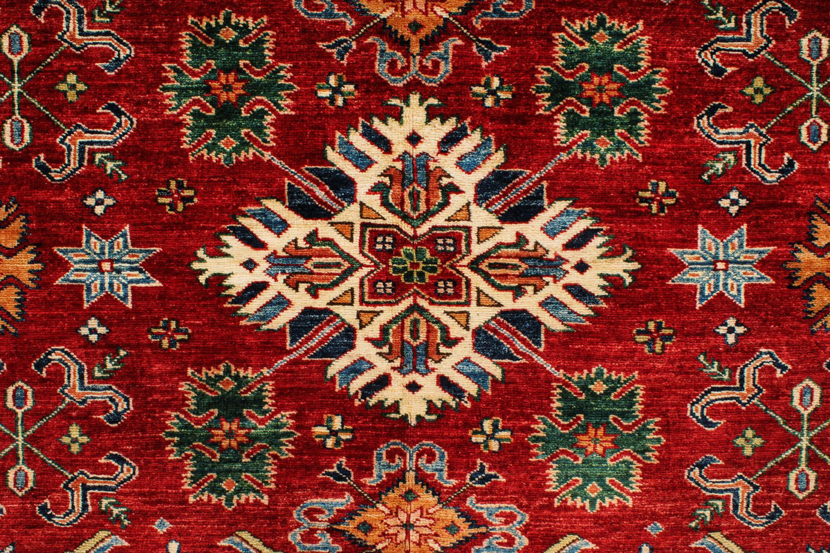 7x7 Red and Ivory Kazak Tribal Rug