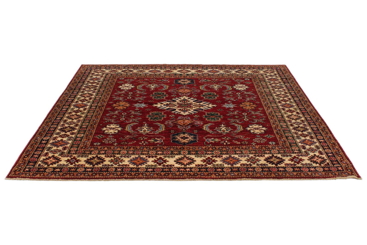 7x7 Red and Ivory Kazak Tribal Rug