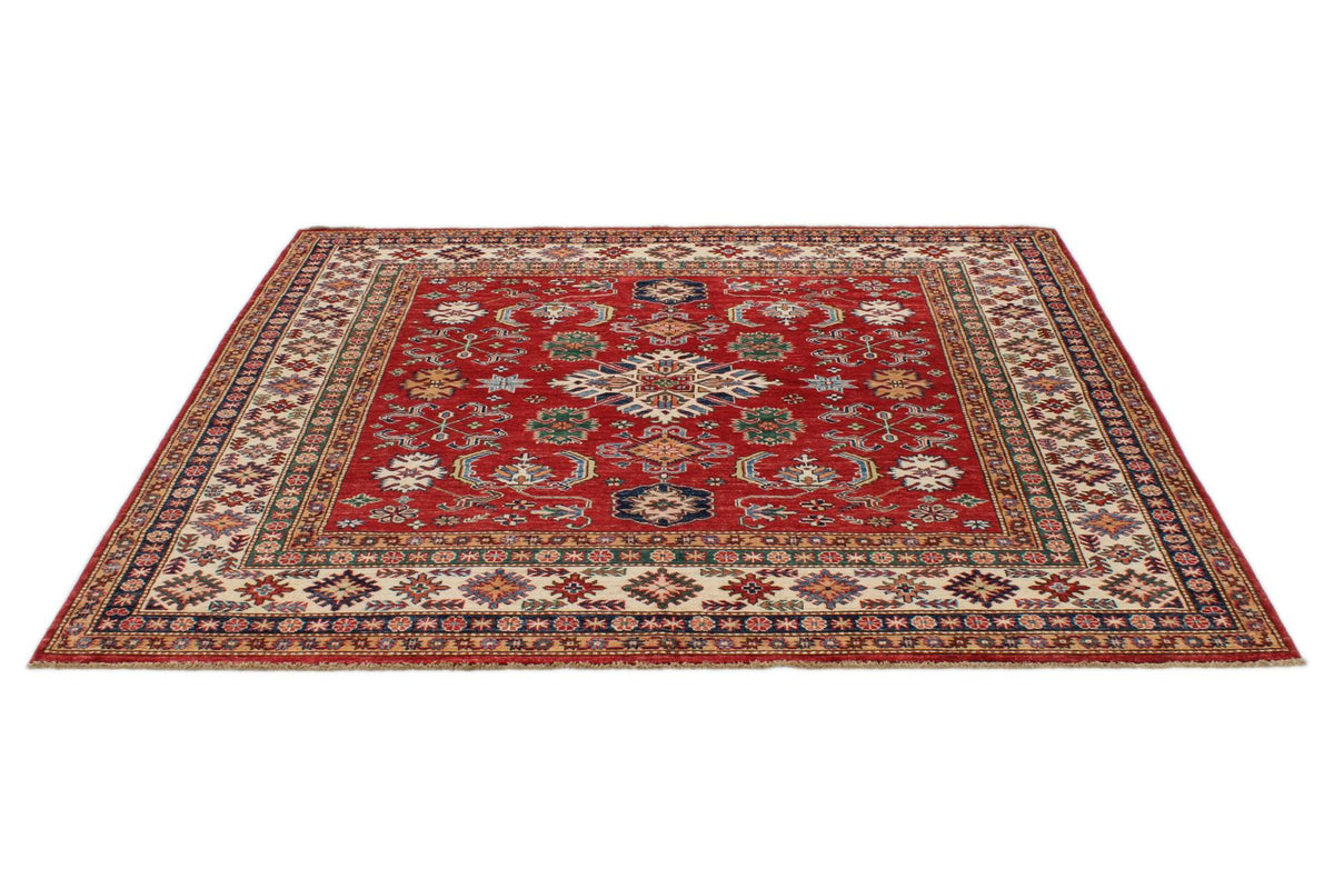7x7 Red and Ivory Kazak Tribal Rug