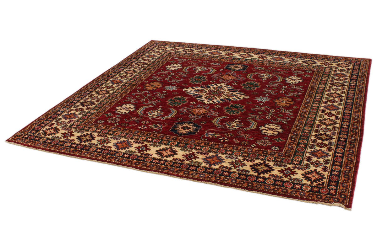 7x7 Red and Ivory Kazak Tribal Rug