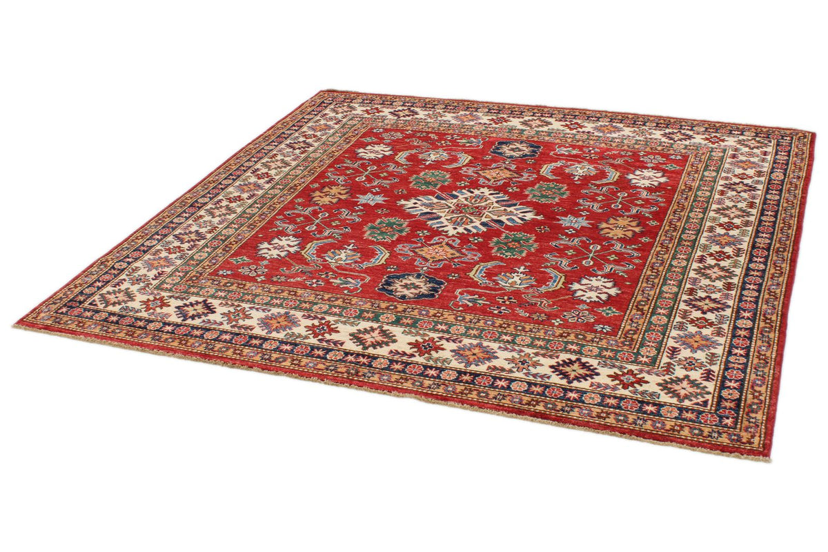 7x7 Red and Ivory Kazak Tribal Rug