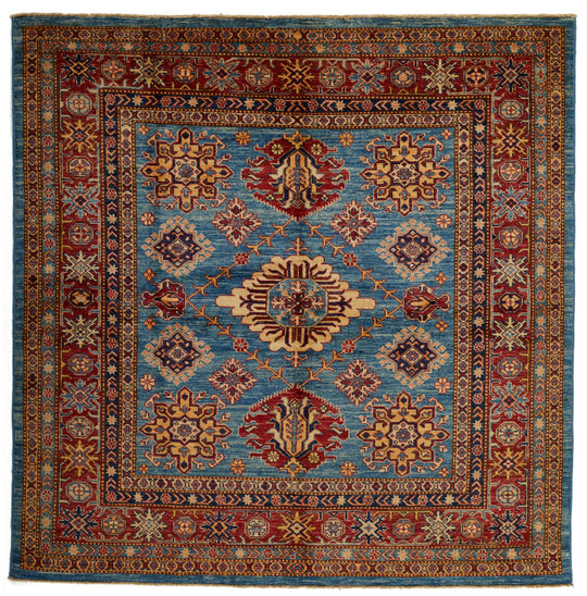 6x6 Blue and Red Kazak Tribal Rug