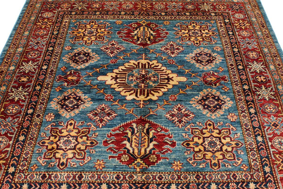 6x6 Blue and Red Kazak Tribal Rug