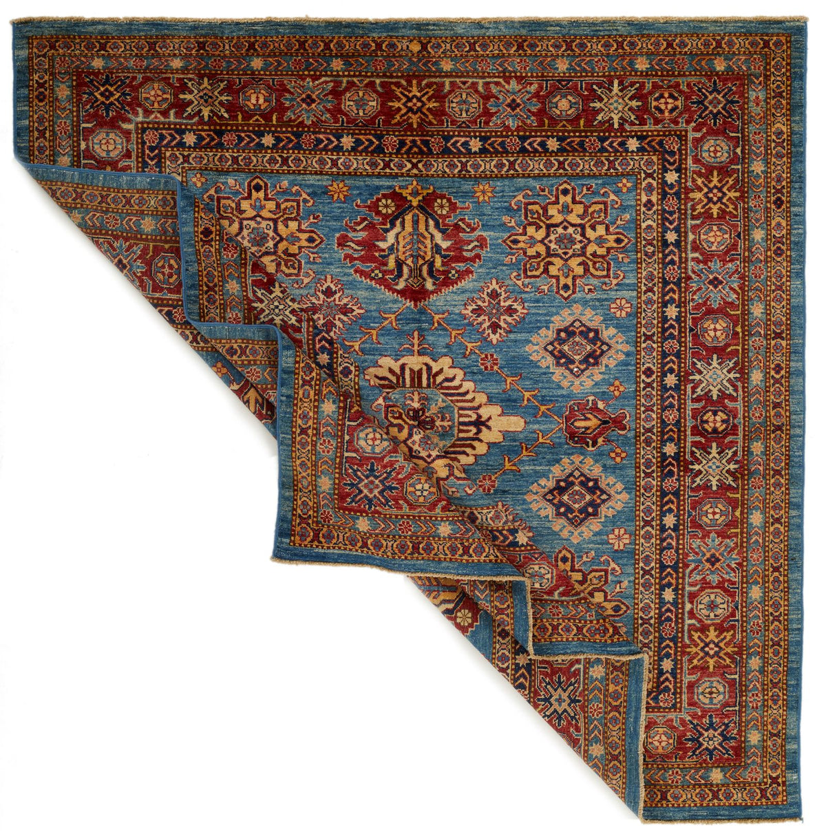 6x6 Blue and Red Kazak Tribal Rug