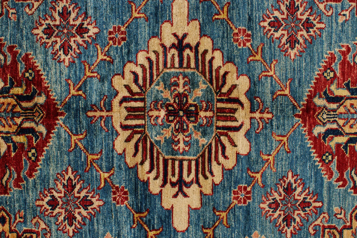 6x6 Blue and Red Kazak Tribal Rug