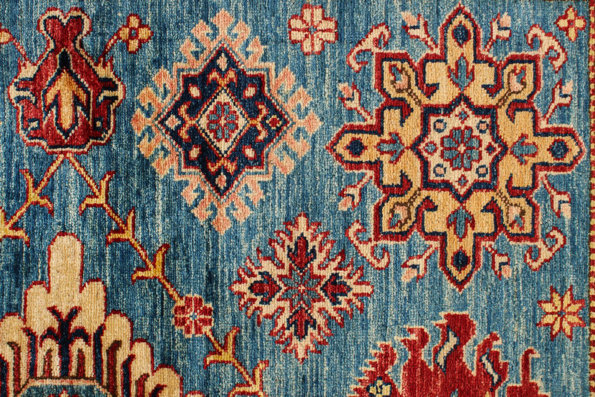 6x6 Blue and Red Kazak Tribal Rug