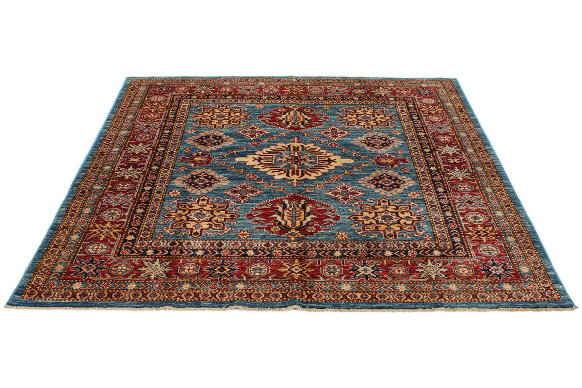 6x6 Blue and Red Kazak Tribal Rug