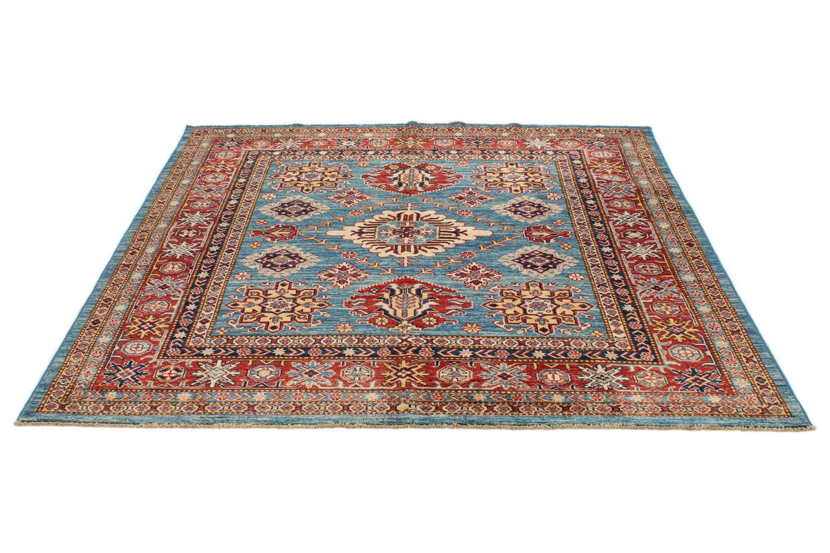 6x6 Blue and Red Kazak Tribal Rug