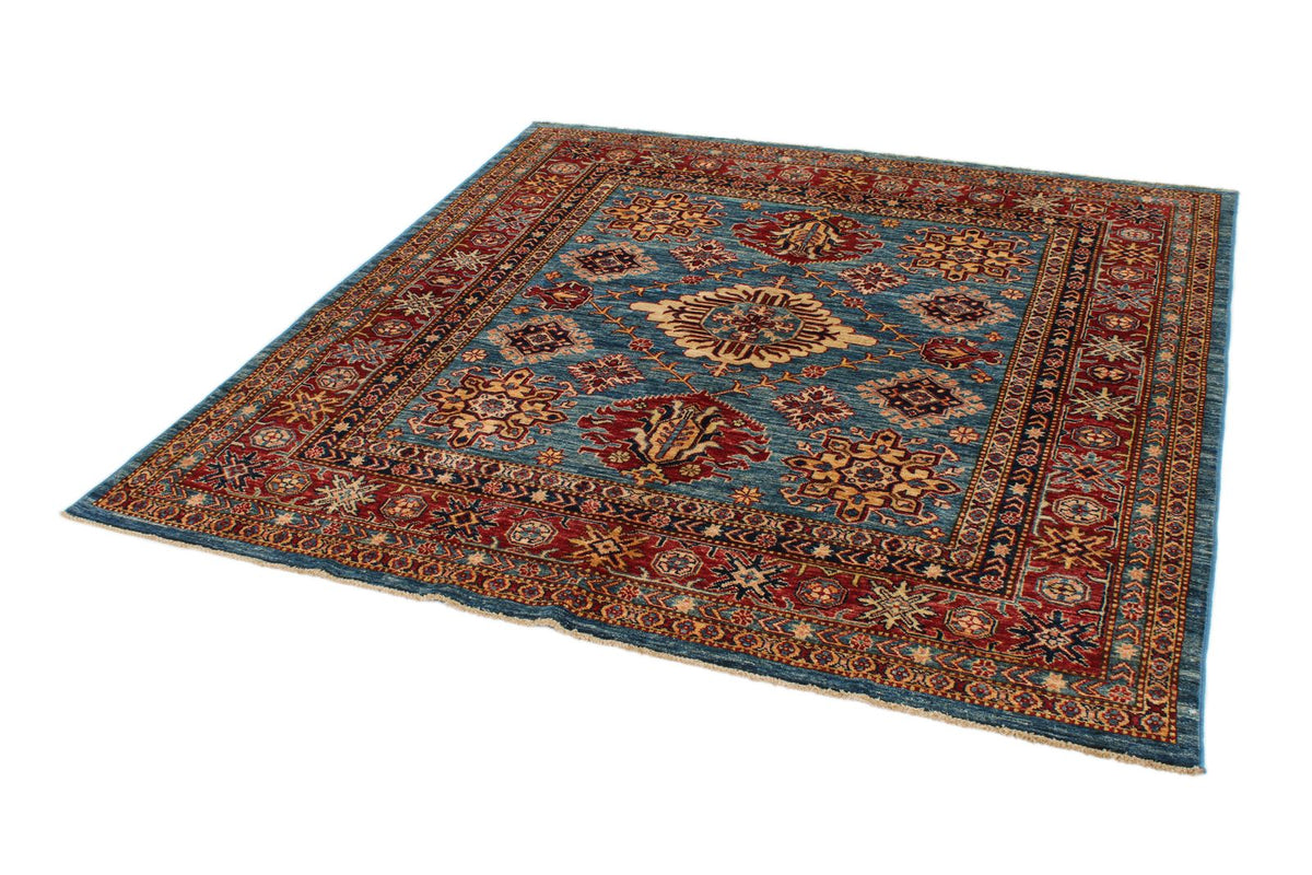 6x6 Blue and Red Kazak Tribal Rug