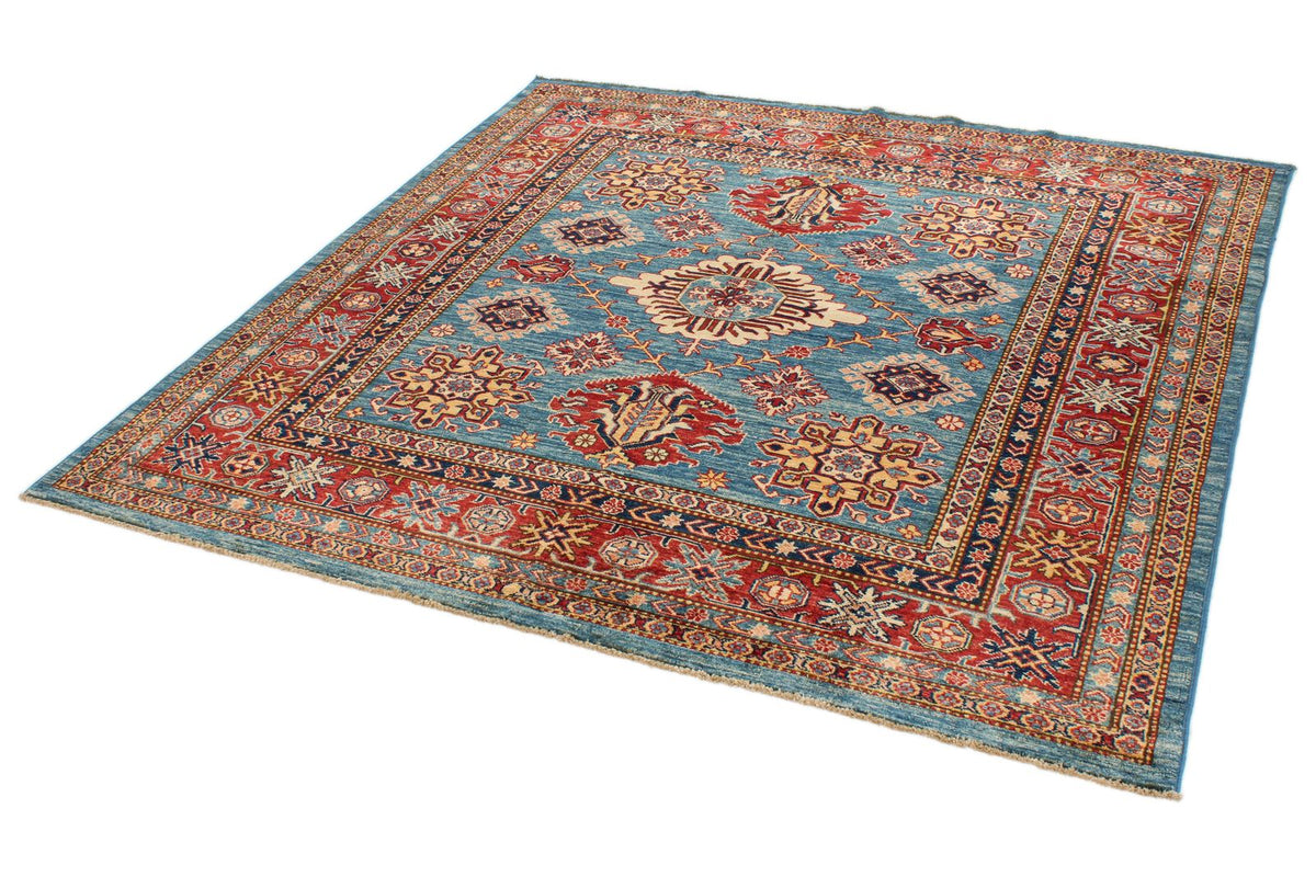 6x6 Blue and Red Kazak Tribal Rug