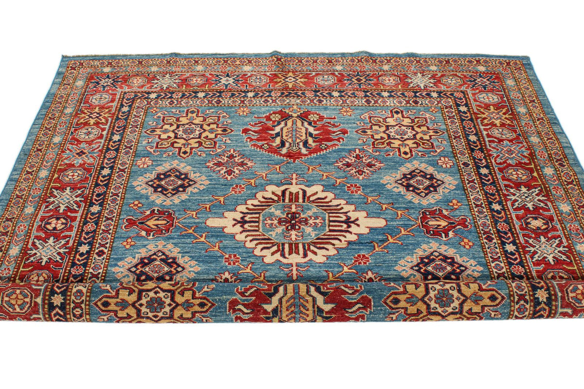 6x6 Blue and Red Kazak Tribal Rug