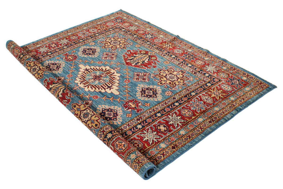 6x6 Blue and Red Kazak Tribal Rug