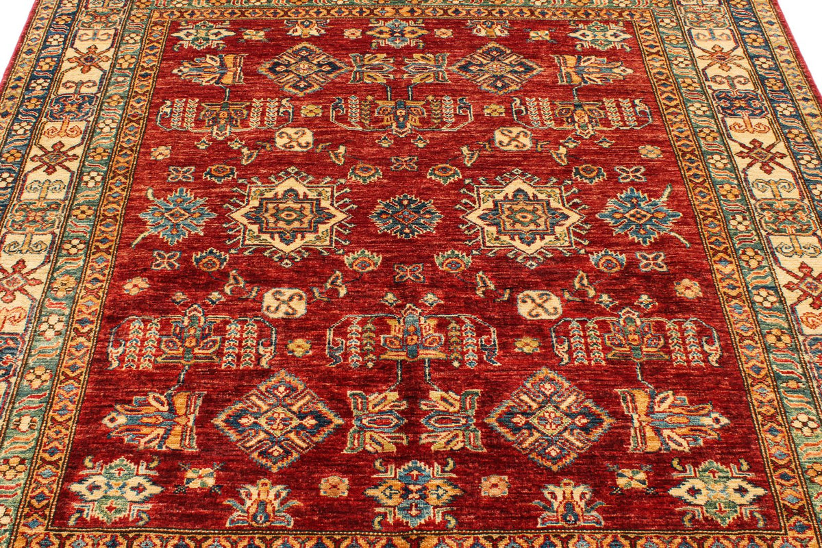 6x6 Red and Ivory Kazak Tribal Rug