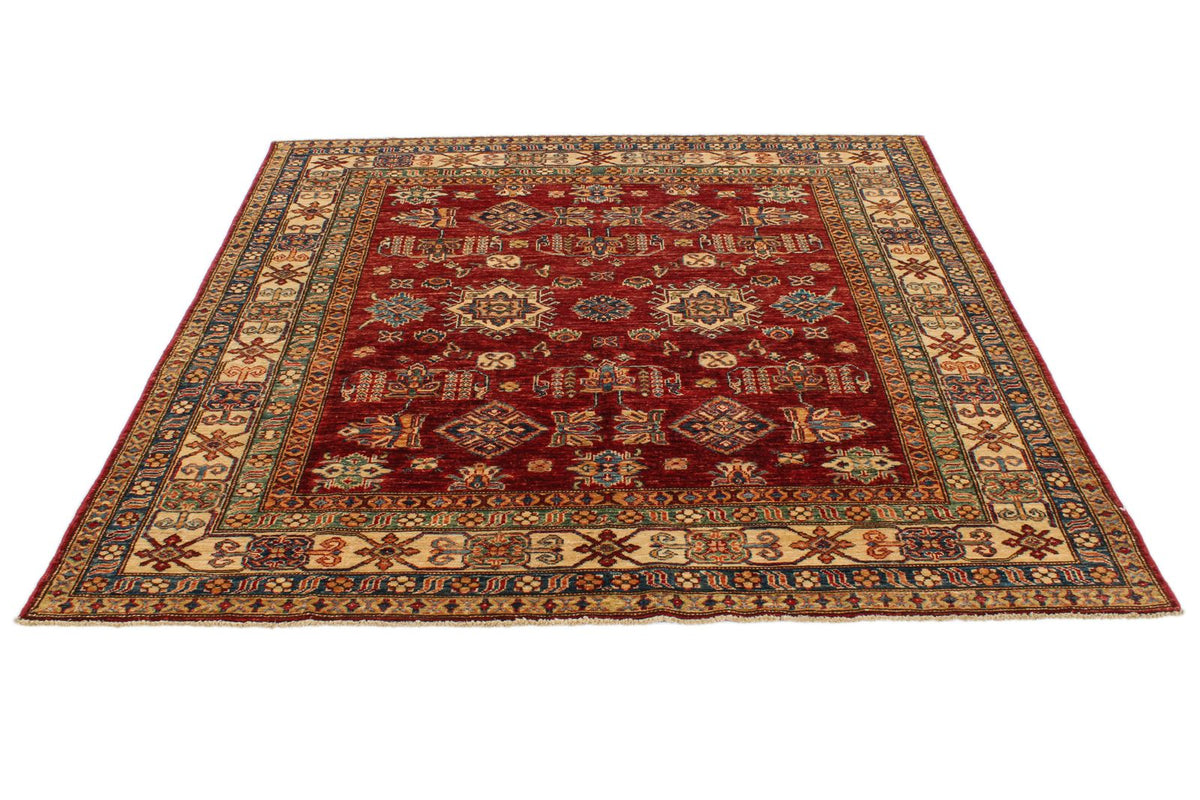 6x6 Red and Ivory Kazak Tribal Rug