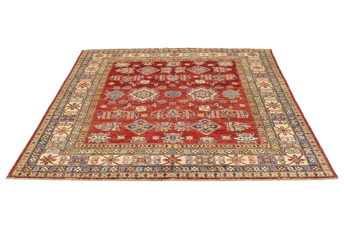 6x6 Red and Ivory Kazak Tribal Rug