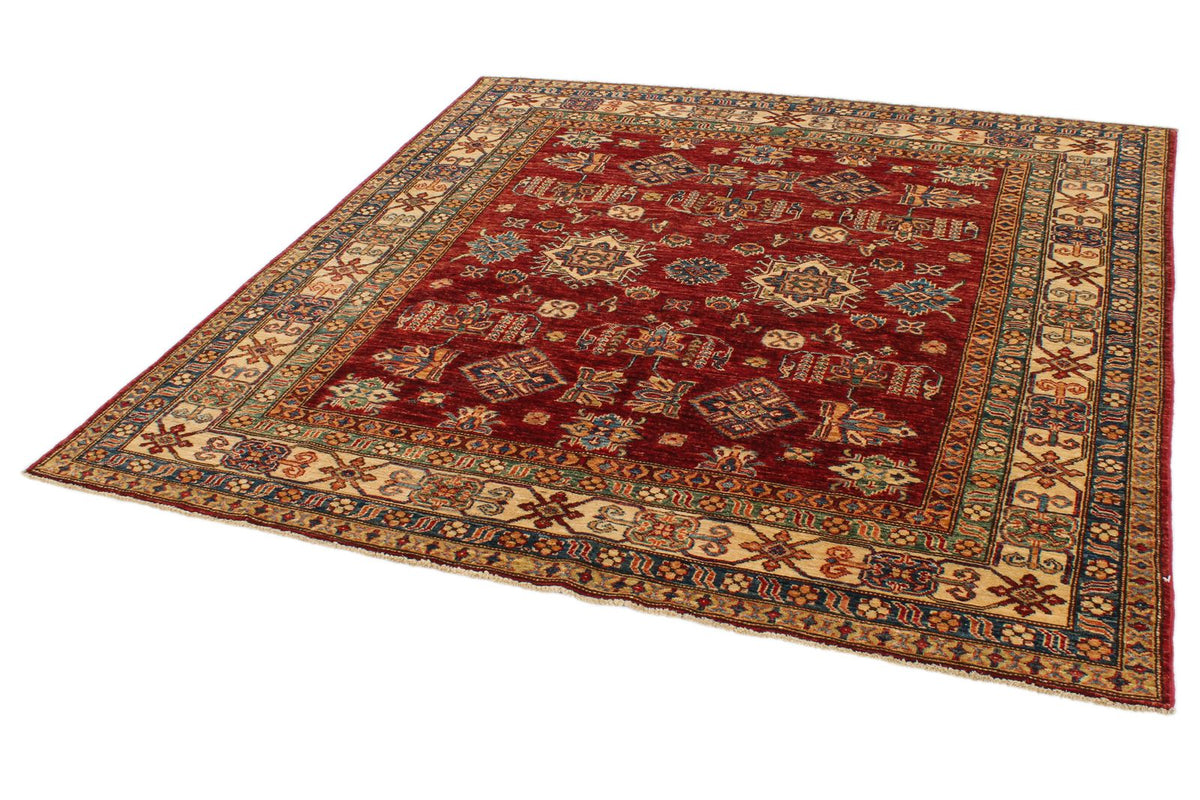 6x6 Red and Ivory Kazak Tribal Rug
