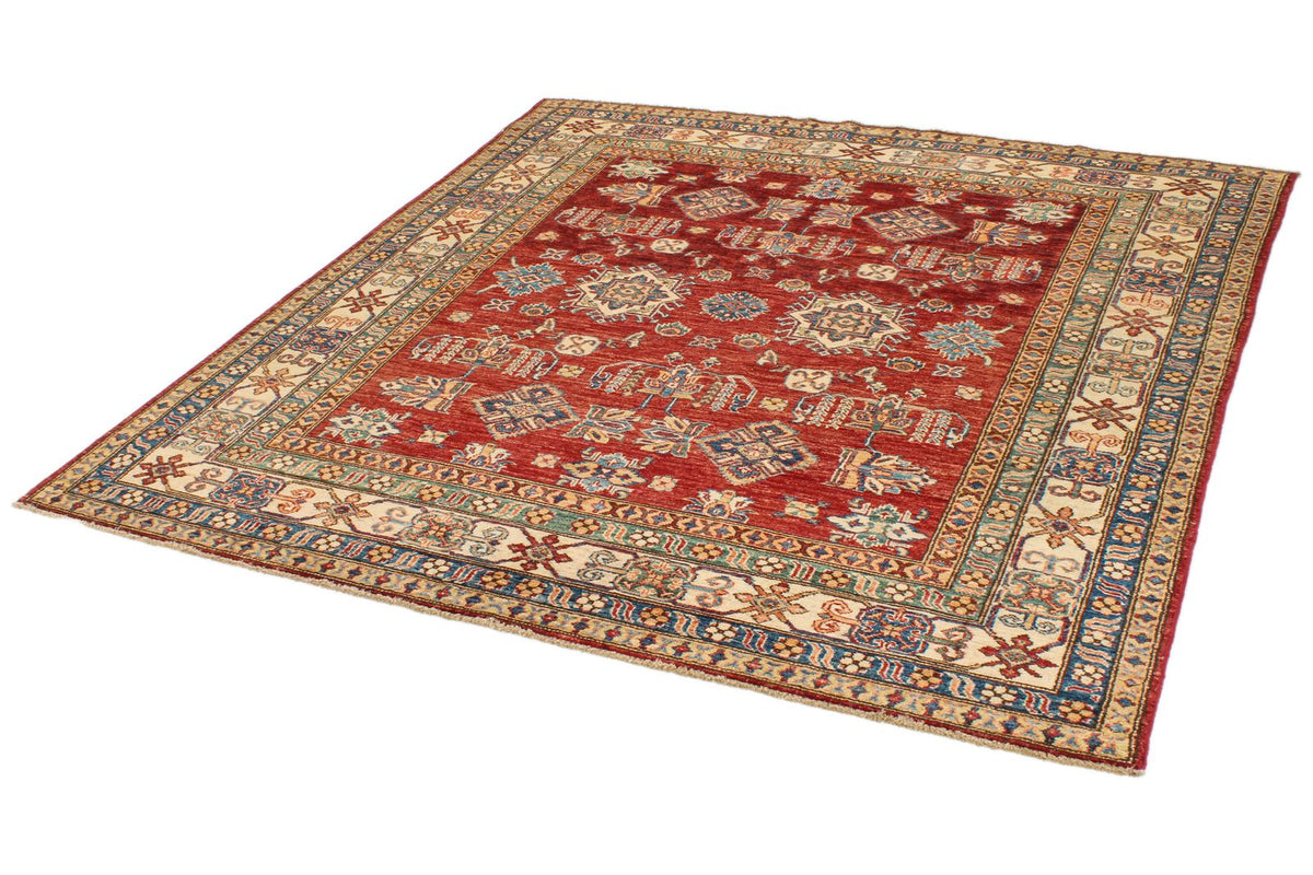 6x6 Red and Ivory Kazak Tribal Rug