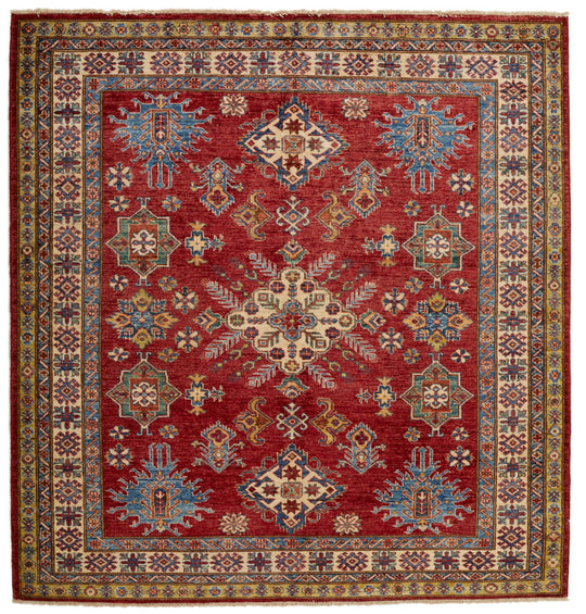 6x6 Red and Ivory Kazak Tribal Rug