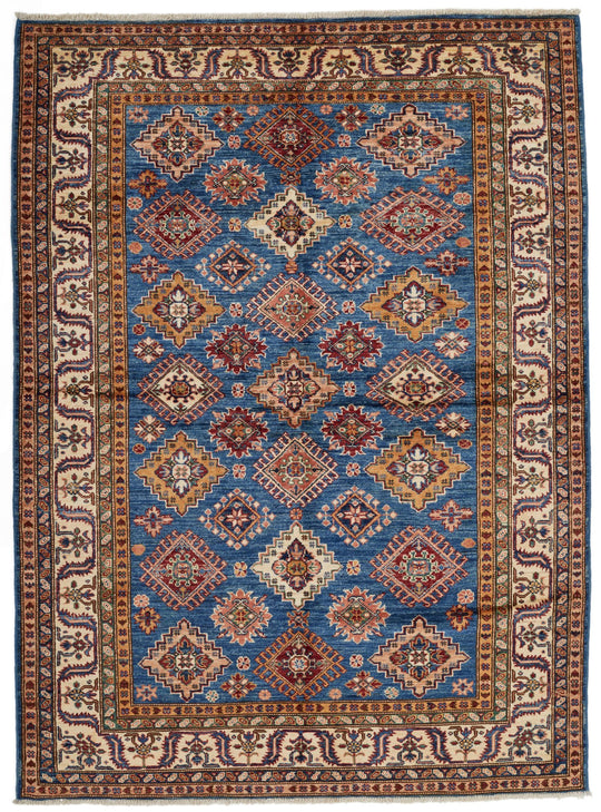 5x7 Blue and Ivory Kazak Tribal Rug