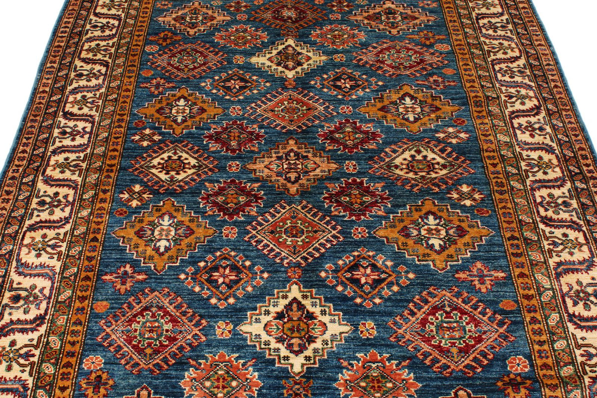 5x7 Blue and Ivory Kazak Tribal Rug