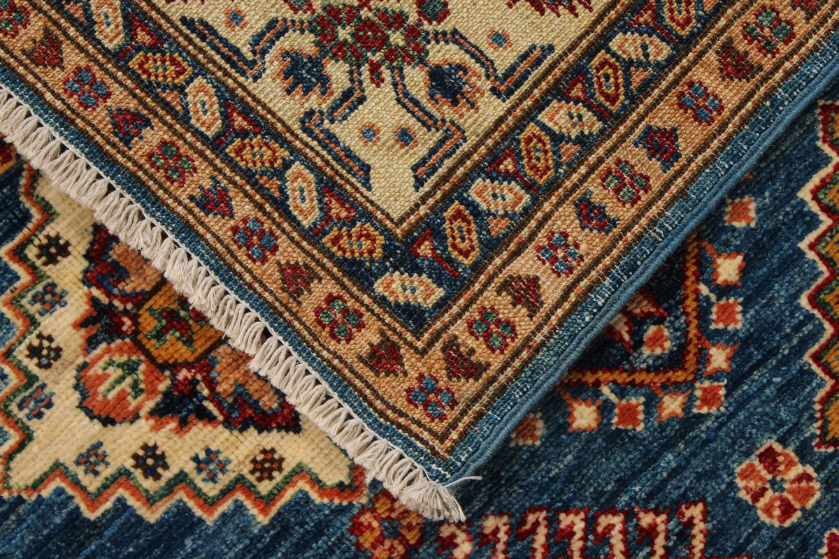 5x7 Blue and Ivory Kazak Tribal Rug