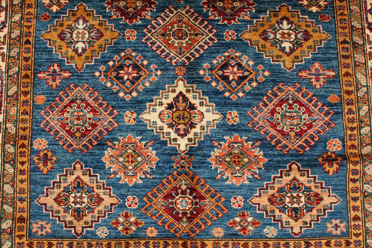 5x7 Blue and Ivory Kazak Tribal Rug